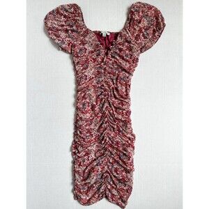 Ruched Floral Mini Dress Women’s Small Red Bodycon Fairy Puff Sleeve